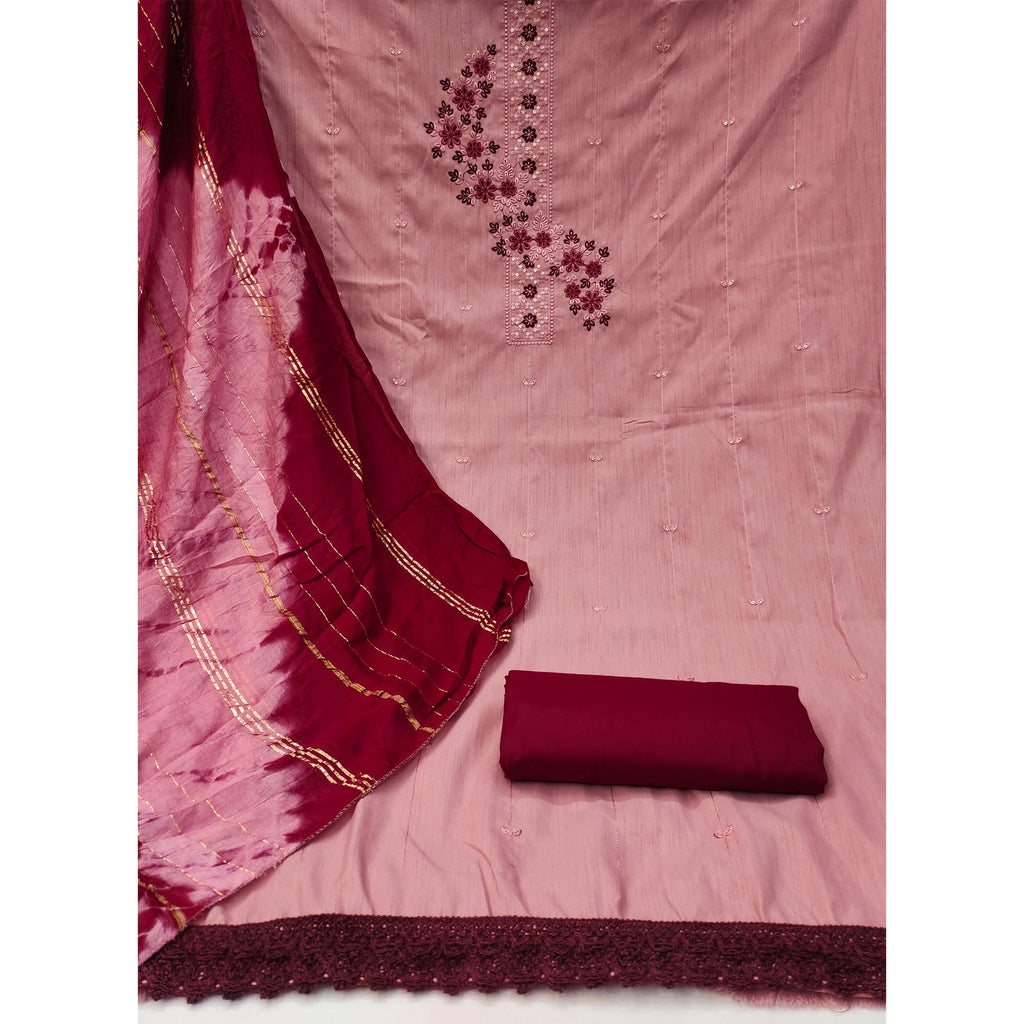 Blush Pink Cotton Blend Dress Material With Delicate Floral Thread & Sequin Embellishments