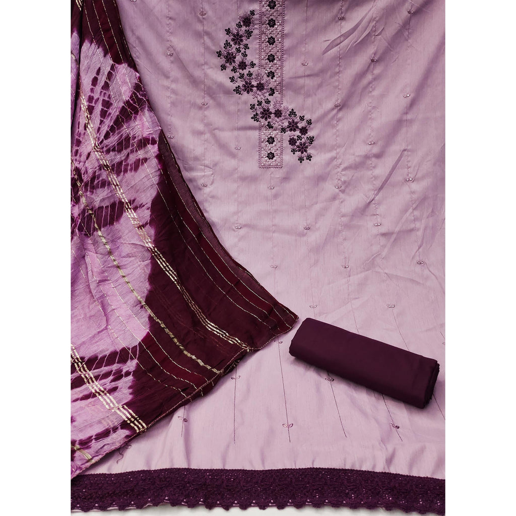 Light Purple Cotton Blend Dress Material With Delicate Floral Thread & Sequin Embellishments