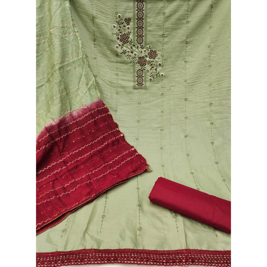 Graceful Green Cotton Blend Dress Material With Embroidered Florals And Sequin Accents