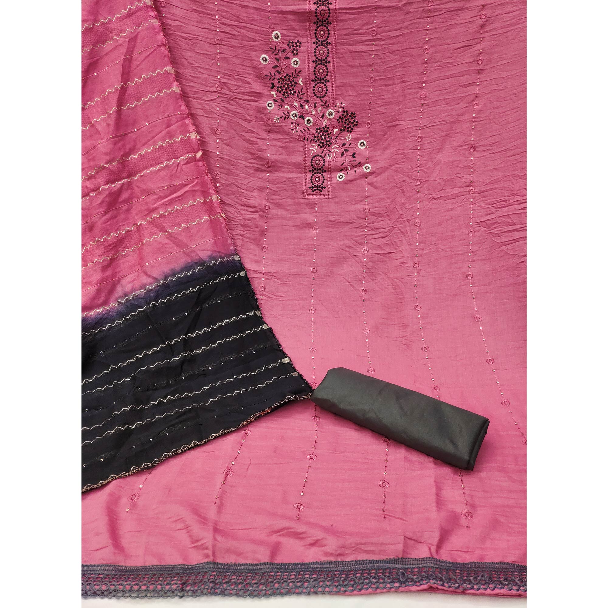 Pink Blossom Cotton Blend Dress Material With Thread Work And Sparkling Sequins