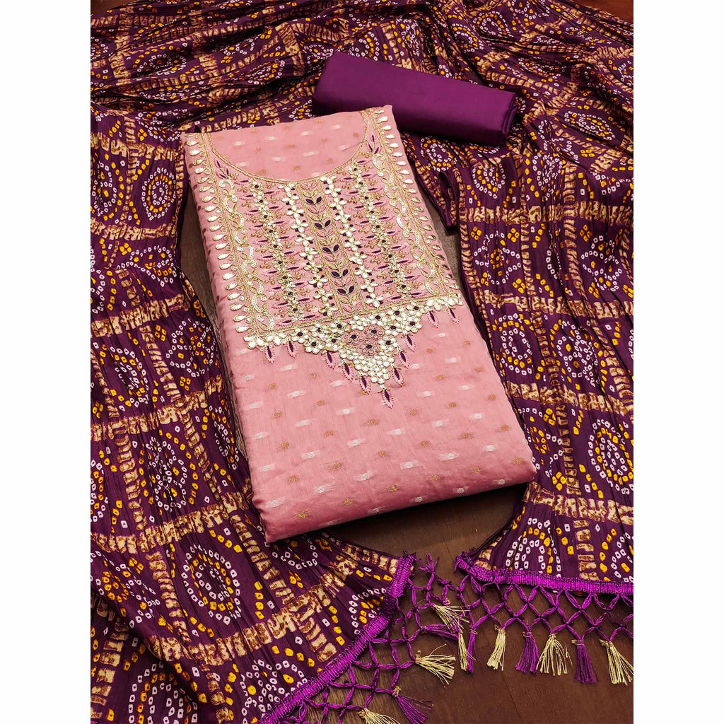 Pink Woven With Gota Work Jacquard Dress Material
