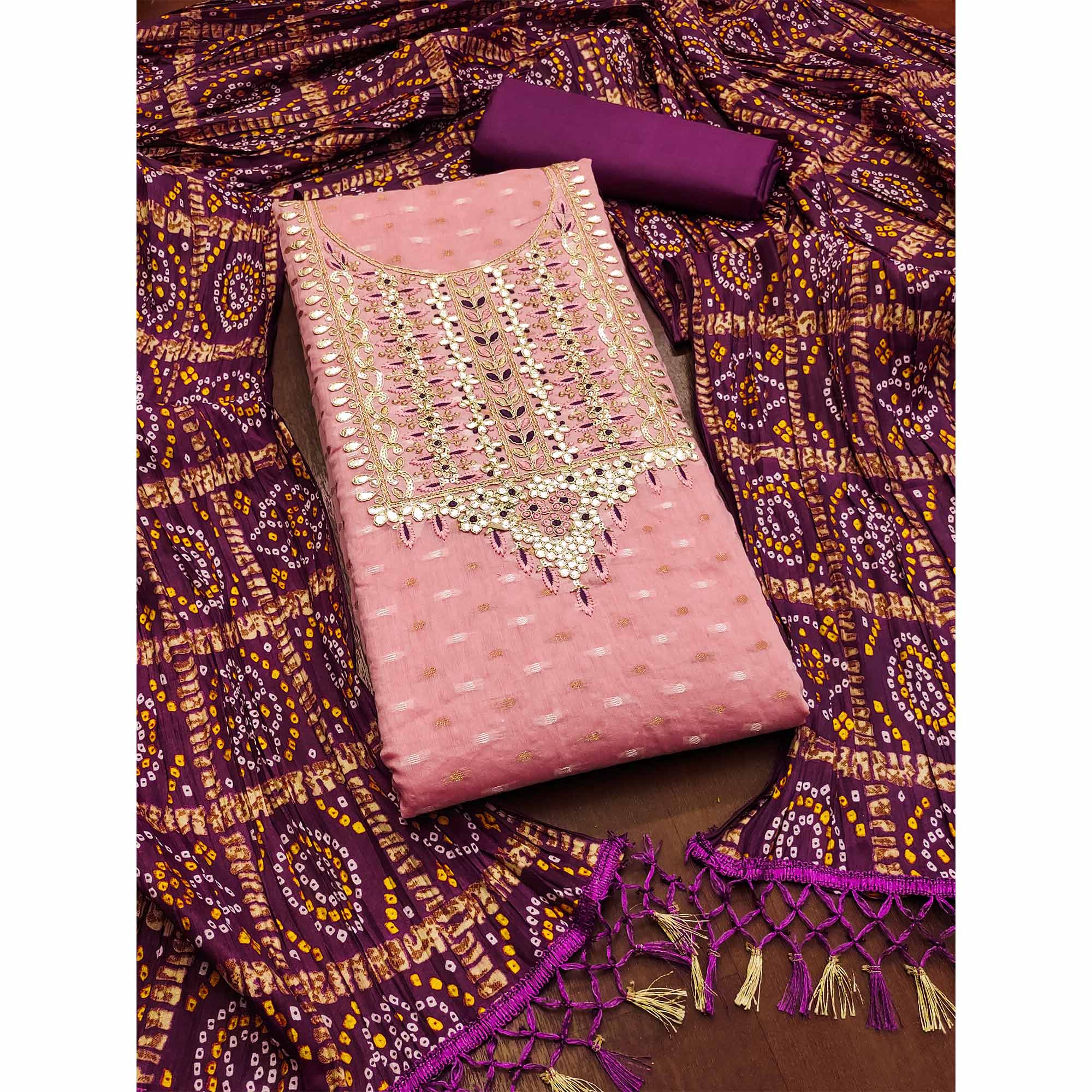 Pink Woven With Gota Work Jacquard Dress Material