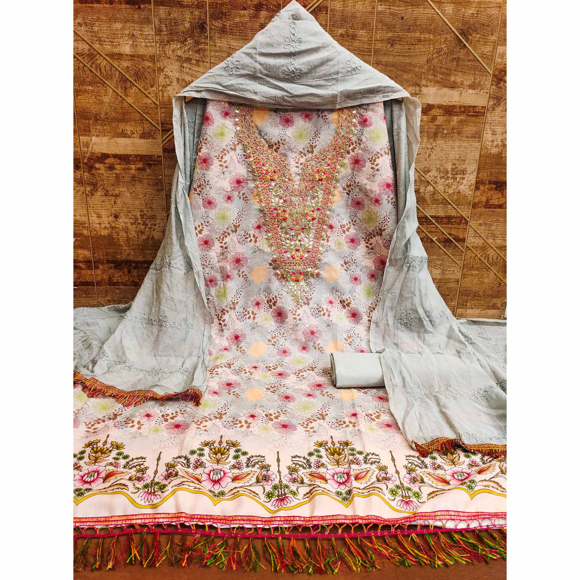 Grey Dress Material With Floral Digital Print & Subtle Sequins Embroidery Work
