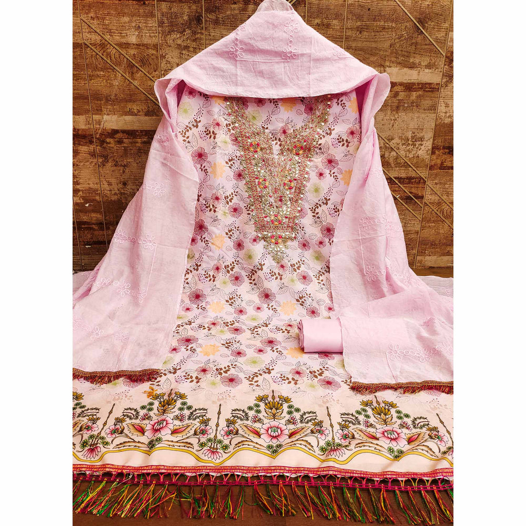 Pink Dress Material With Floral Digital Print & Subtle Sequins Embroidery Work
