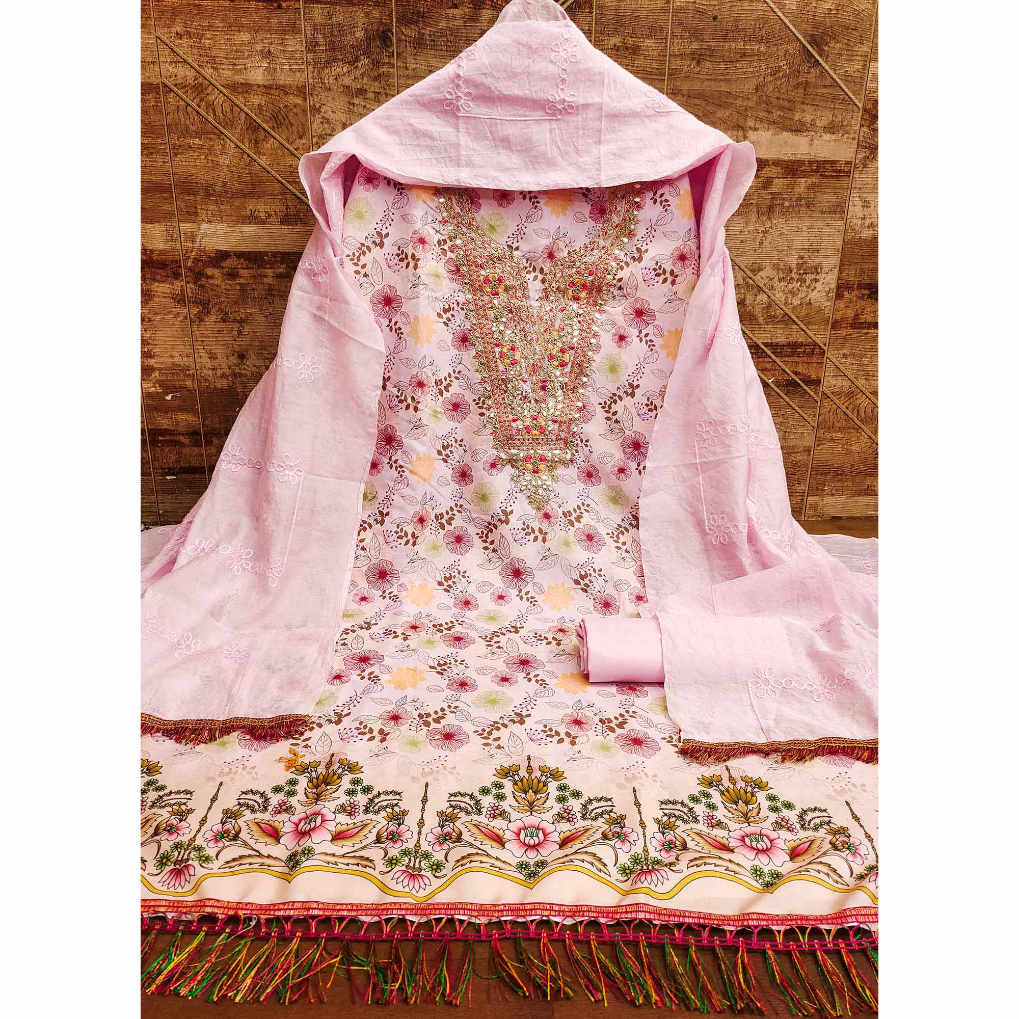 Pink Dress Material With Floral Digital Print & Subtle Sequins Embroidery Work