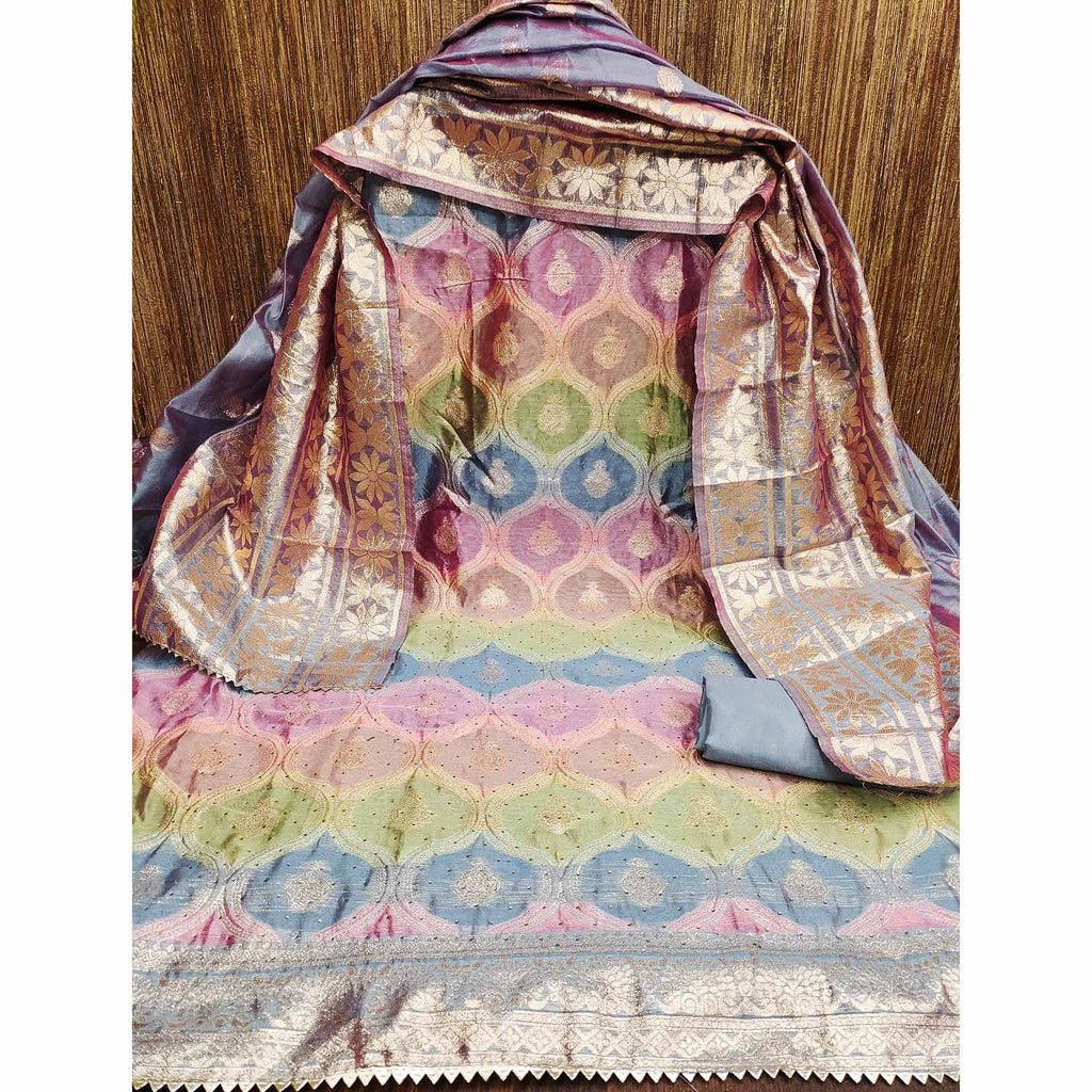 Bluyish Grey Organza Banarasi Silk Dress Material With Zari & Sparkling Stone Embellishments