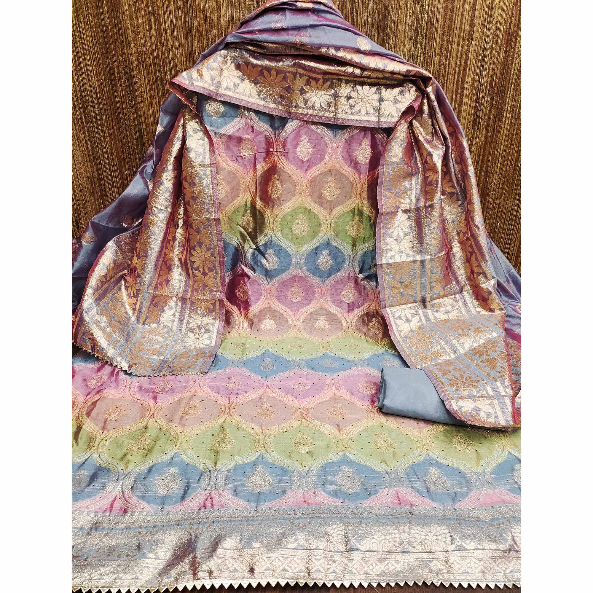 Bluyish Grey Organza Banarasi Silk Dress Material With Zari & Sparkling Stone Embellishments