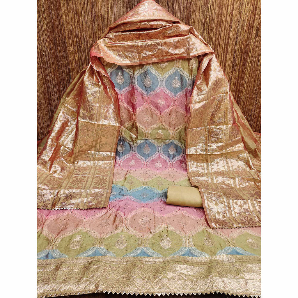 Chikoo Organza Banarasi Silk Dress Material With Zari & Sparkling Stone Embellishments