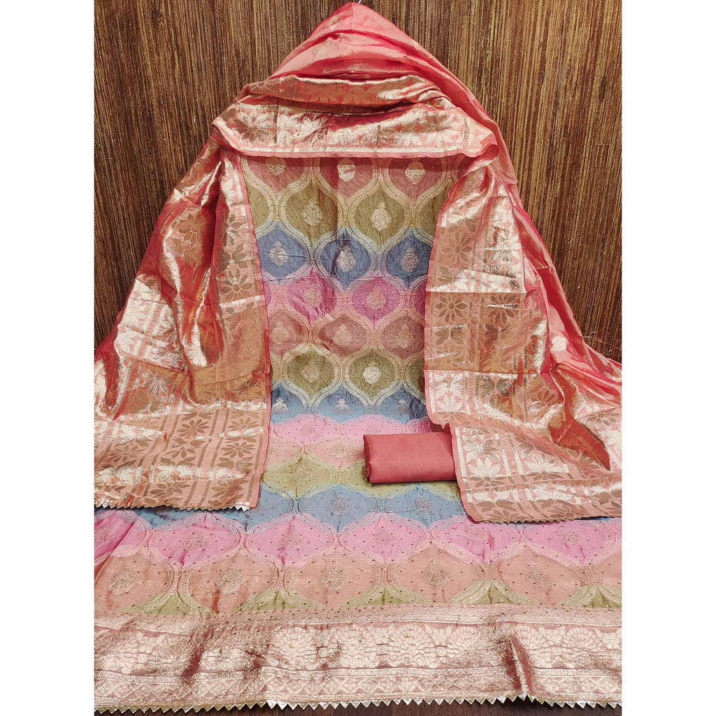 Dark Peach Organza Banarasi Silk Dress Material With Zari & Sparkling Stone Embellishments