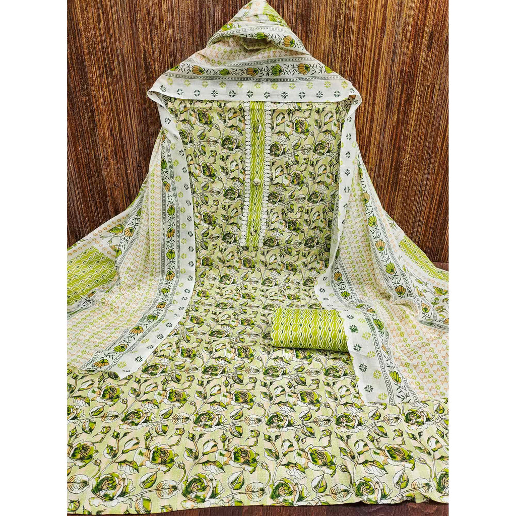 Green Floral Printed Cotton Blend Dress Material