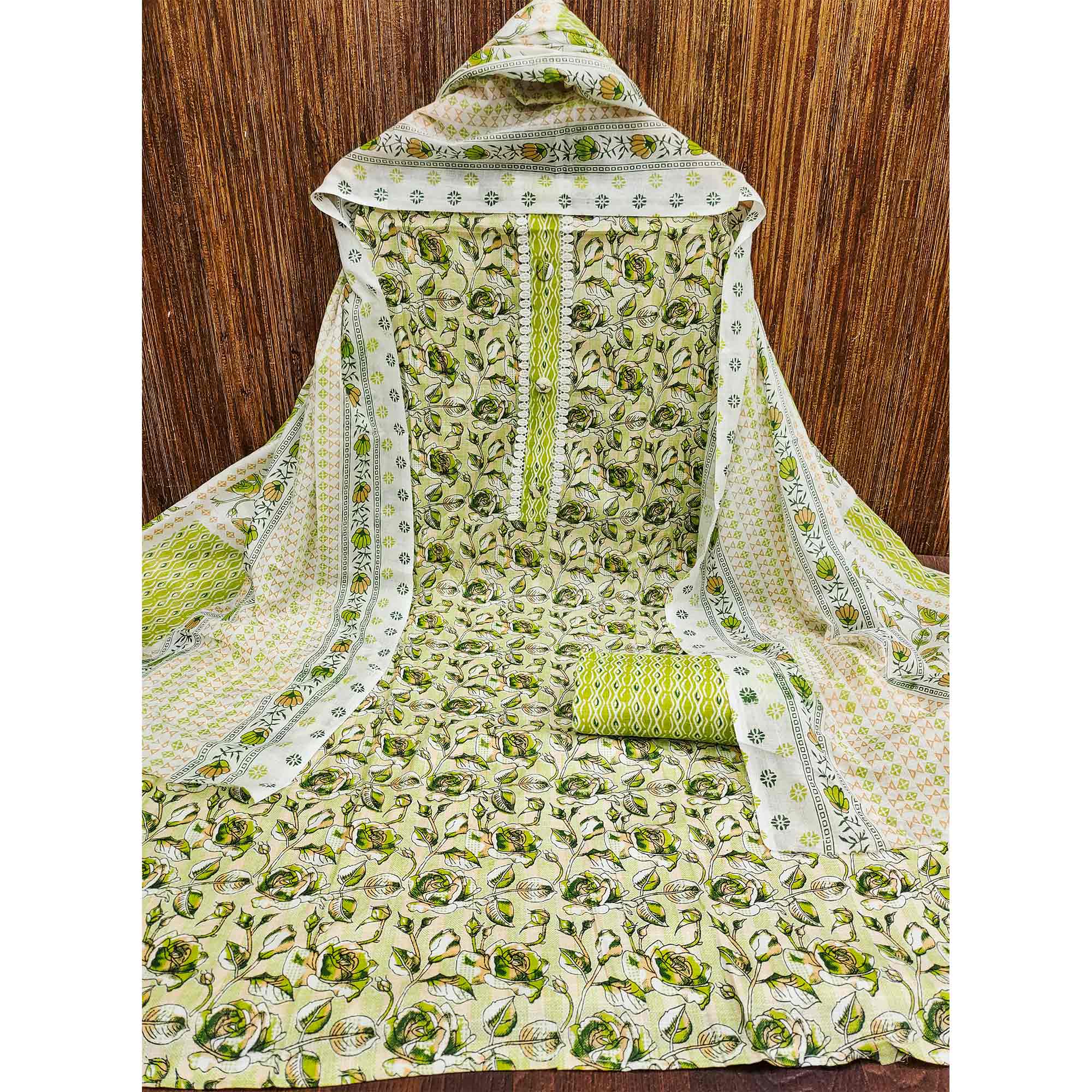 Green Floral Printed Cotton Blend Dress Material