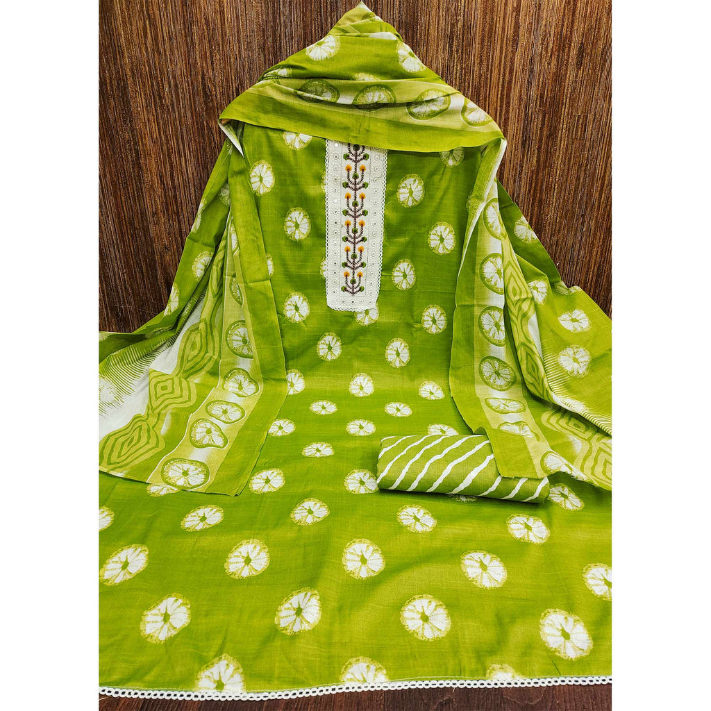 Green Printed With Embroidered Cotton Blend Dress Material