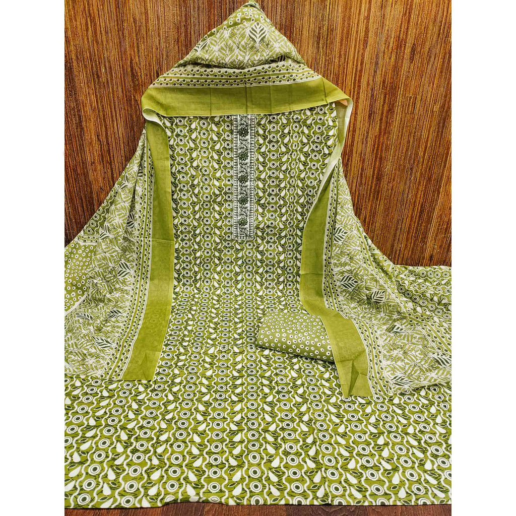 Green Printed With Embroidered Cotton Blend Dress Material