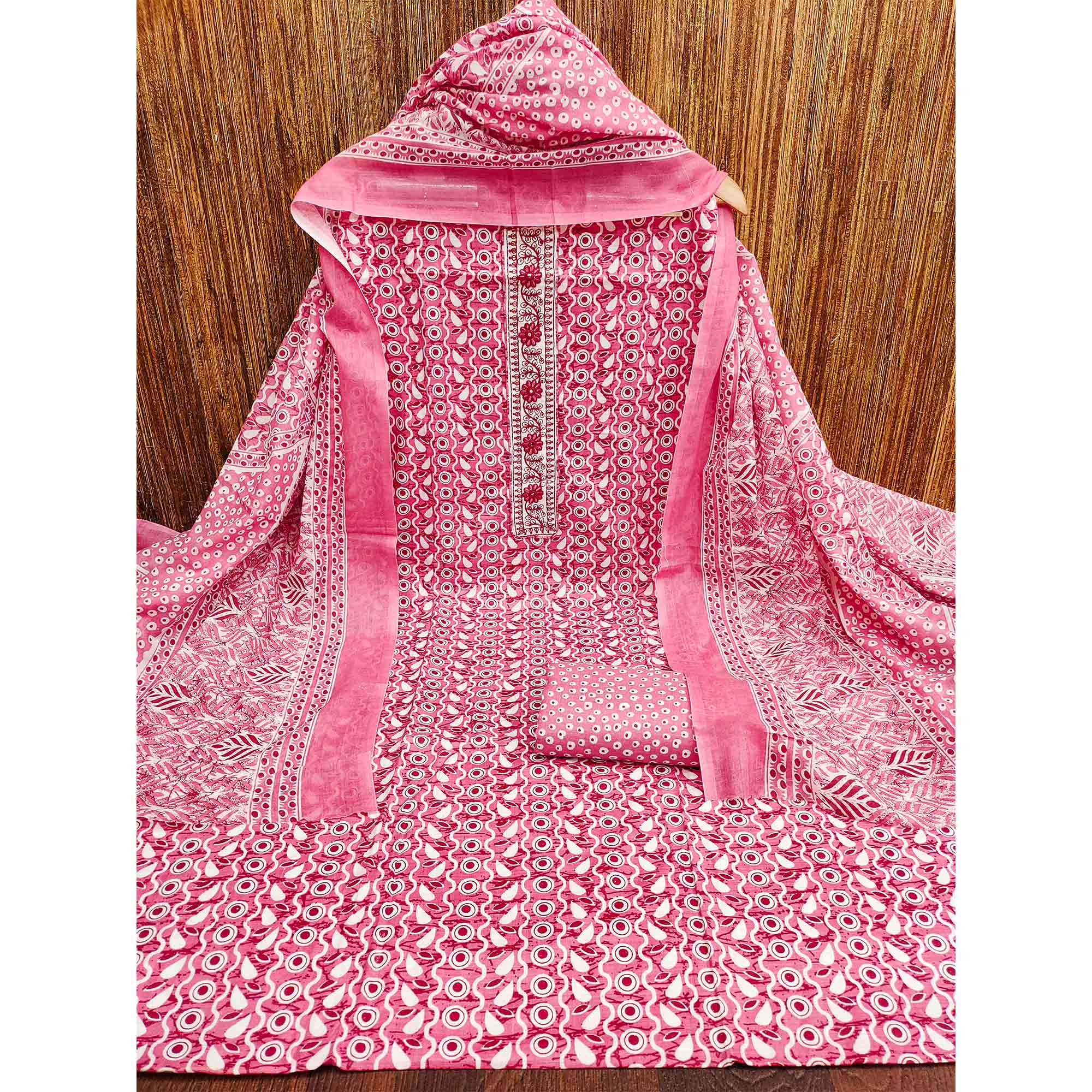 Pink Printed With Embroidered Cotton Blend Dress Material