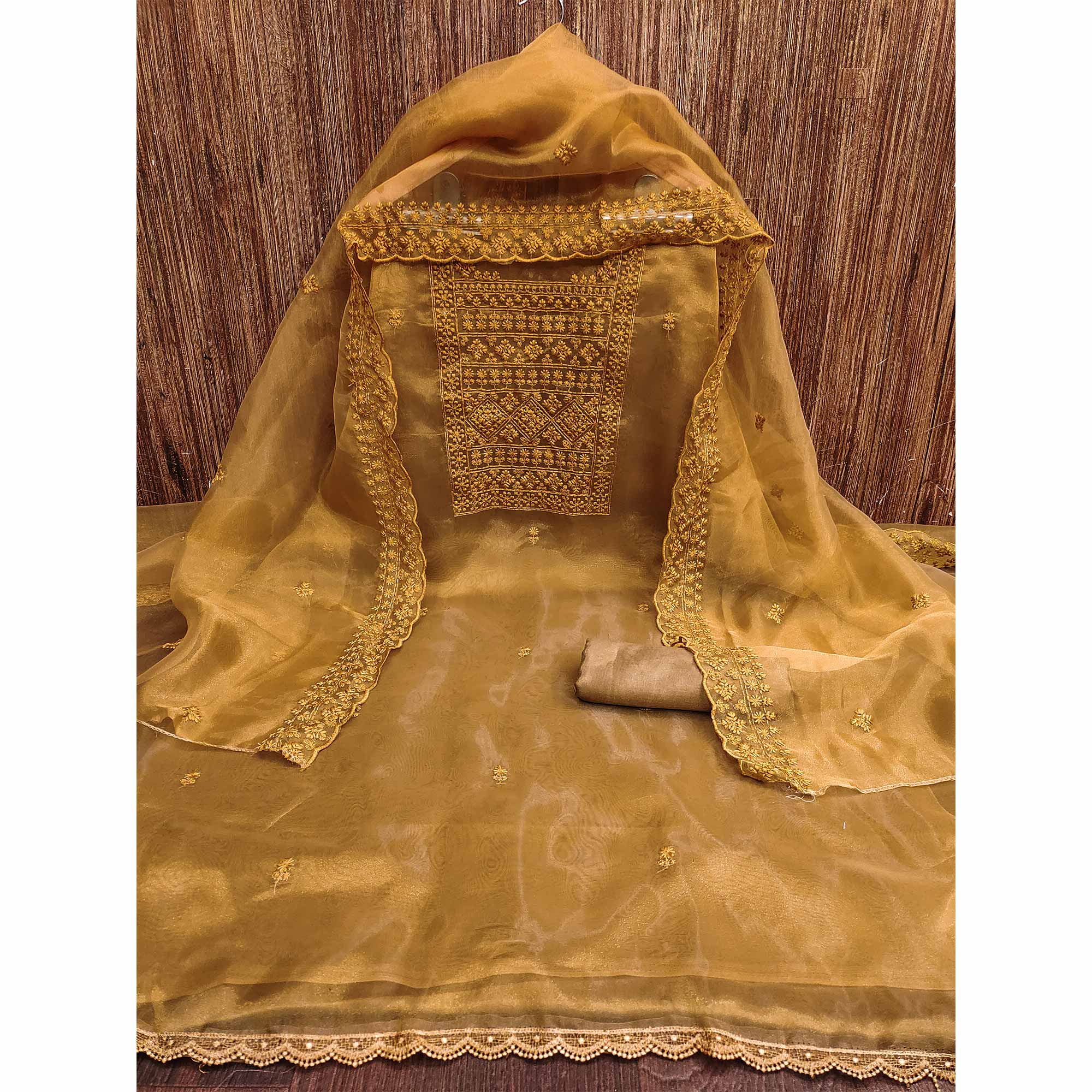 Dark Mustard Organza Dress Material With Sequins & Floral Thread Embroidery