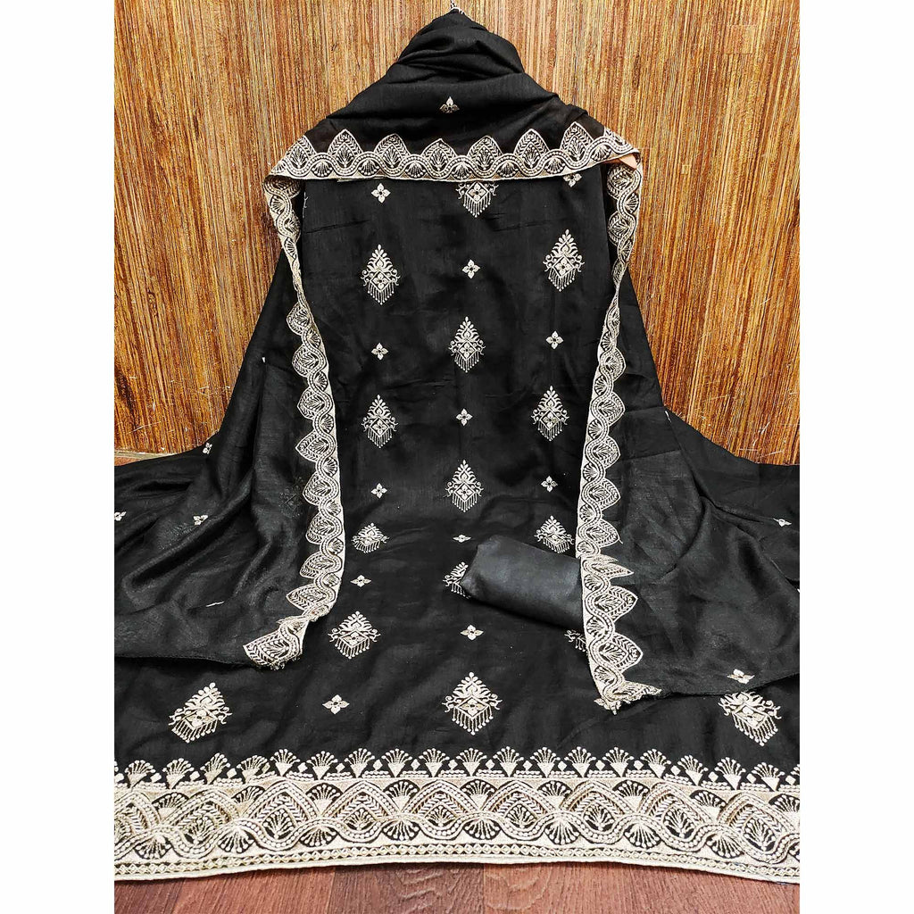Black Vichitra Silk Dress Material With Intricate Floral Zari Embroidery