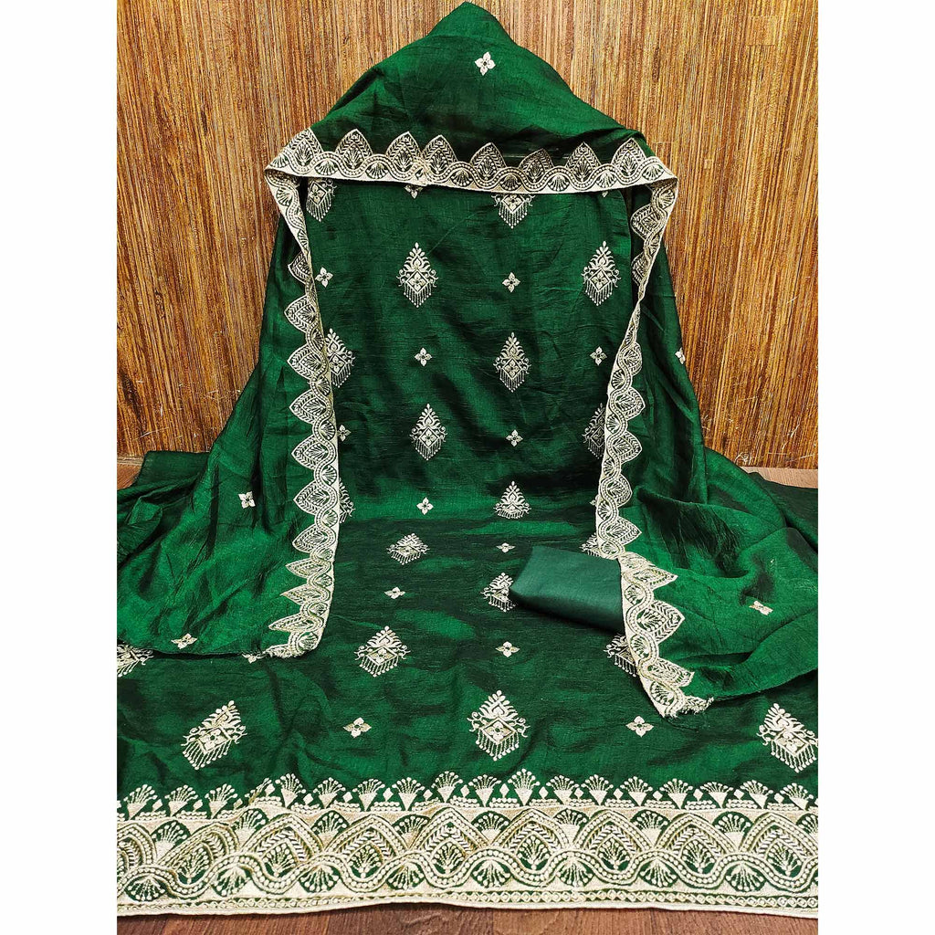 Green Vichitra Silk Dress Material With Intricate Floral Zari Embroidery