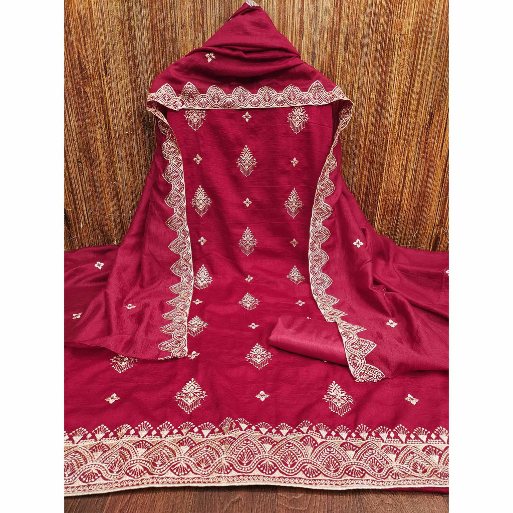 Pink Vichitra Silk Dress Material With Intricate Floral Zari Embroidery