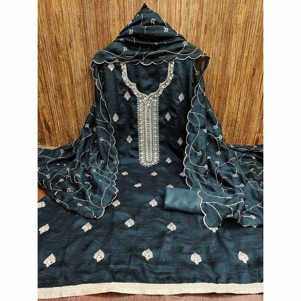 Dark Grey Vichitra Silk Dress Material with Graceful Floral Zari Embroidery