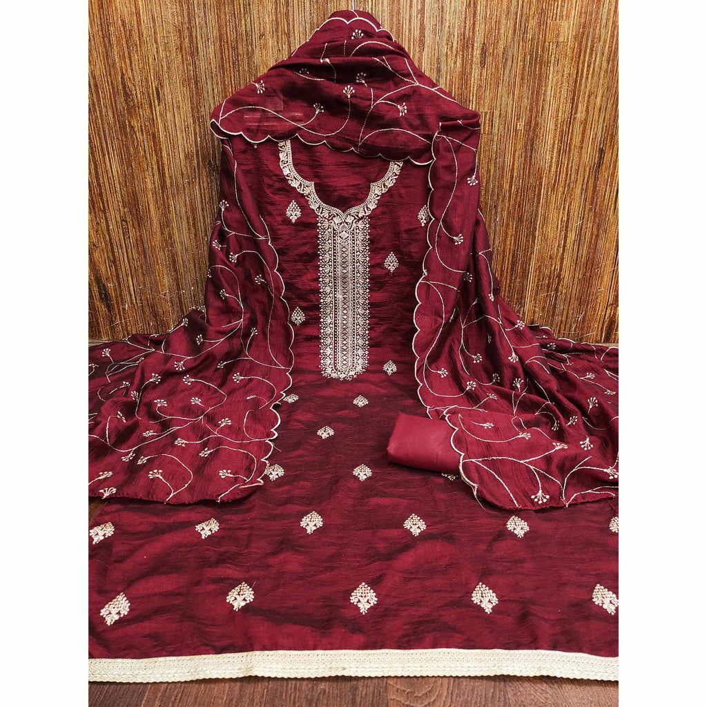 Maroon Vichitra Silk Dress Material with Graceful Floral Zari Embroidery