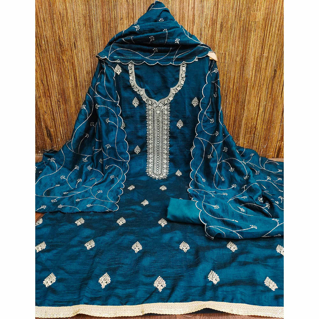 Morpich Blue Vichitra Silk Dress Material with Graceful Floral Zari Embroidery