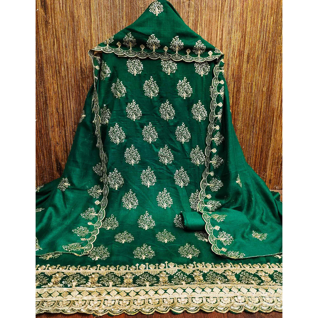 Green Sequins Embroidered Vichitra Silk Dress Material