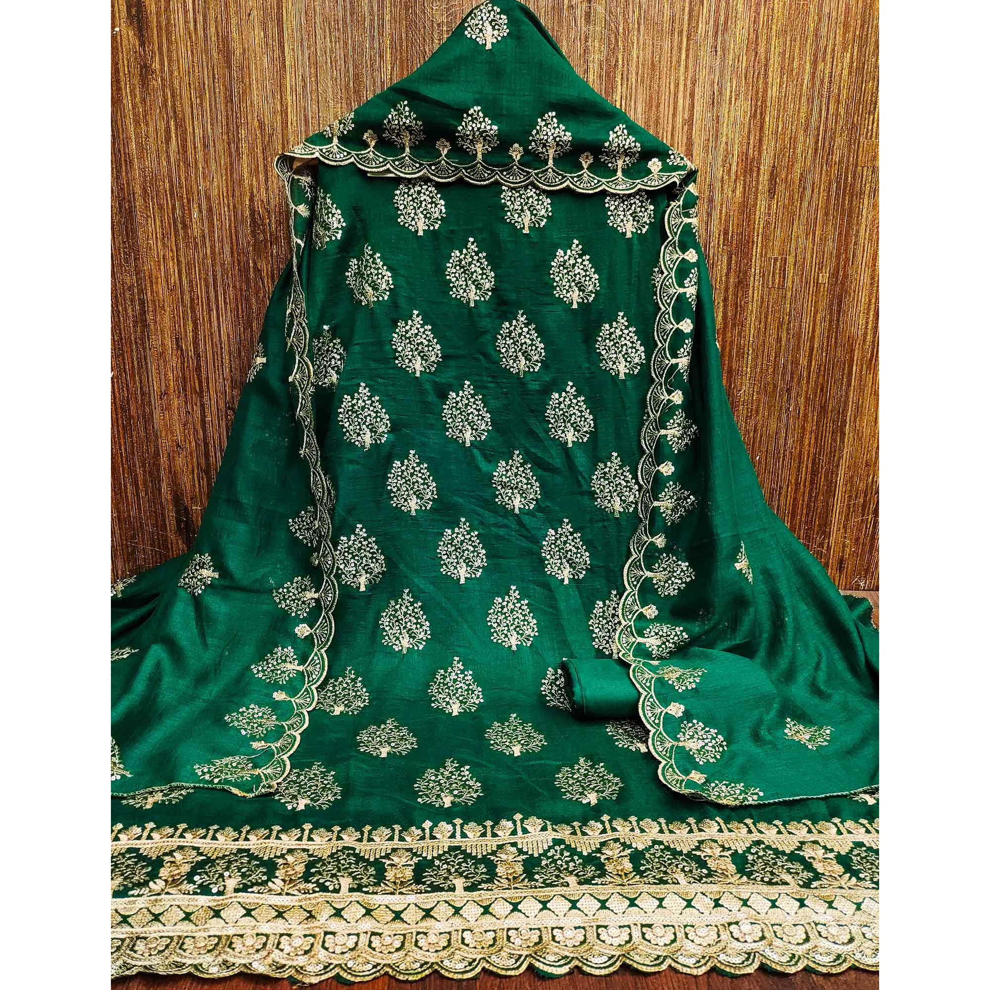 Green Sequins Embroidered Vichitra Silk Dress Material