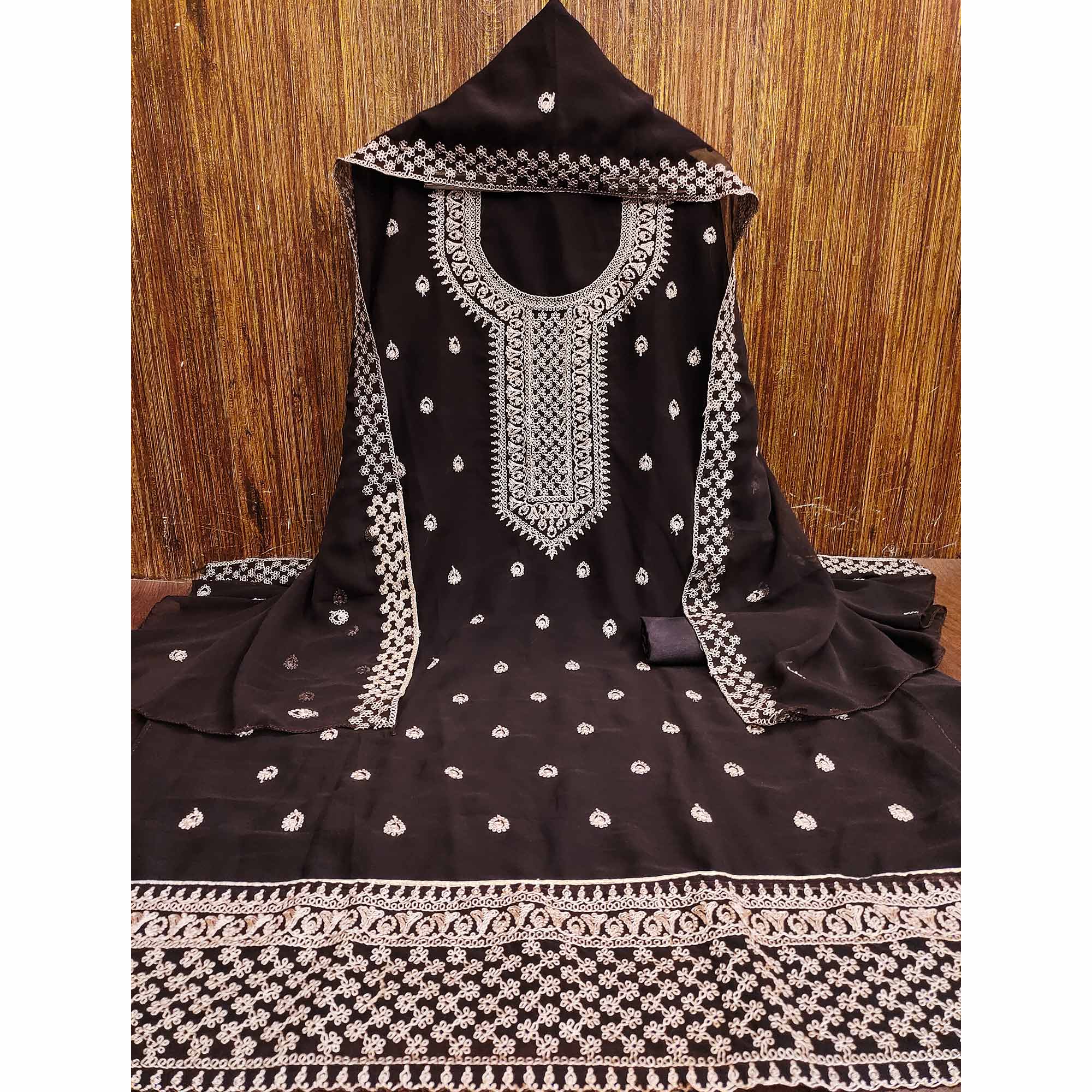 Brown Embroidered Georgette Dress Material