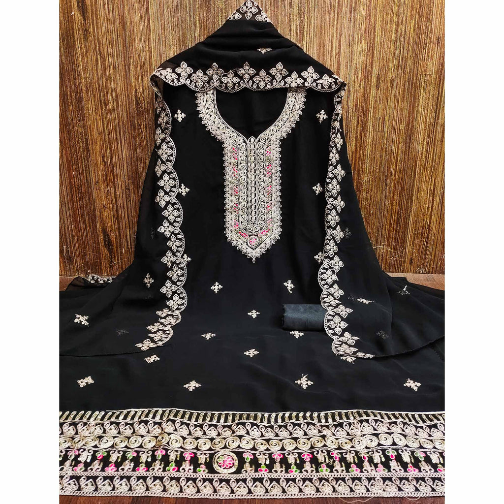 Black Floral Embroidered Georgette Dress Material