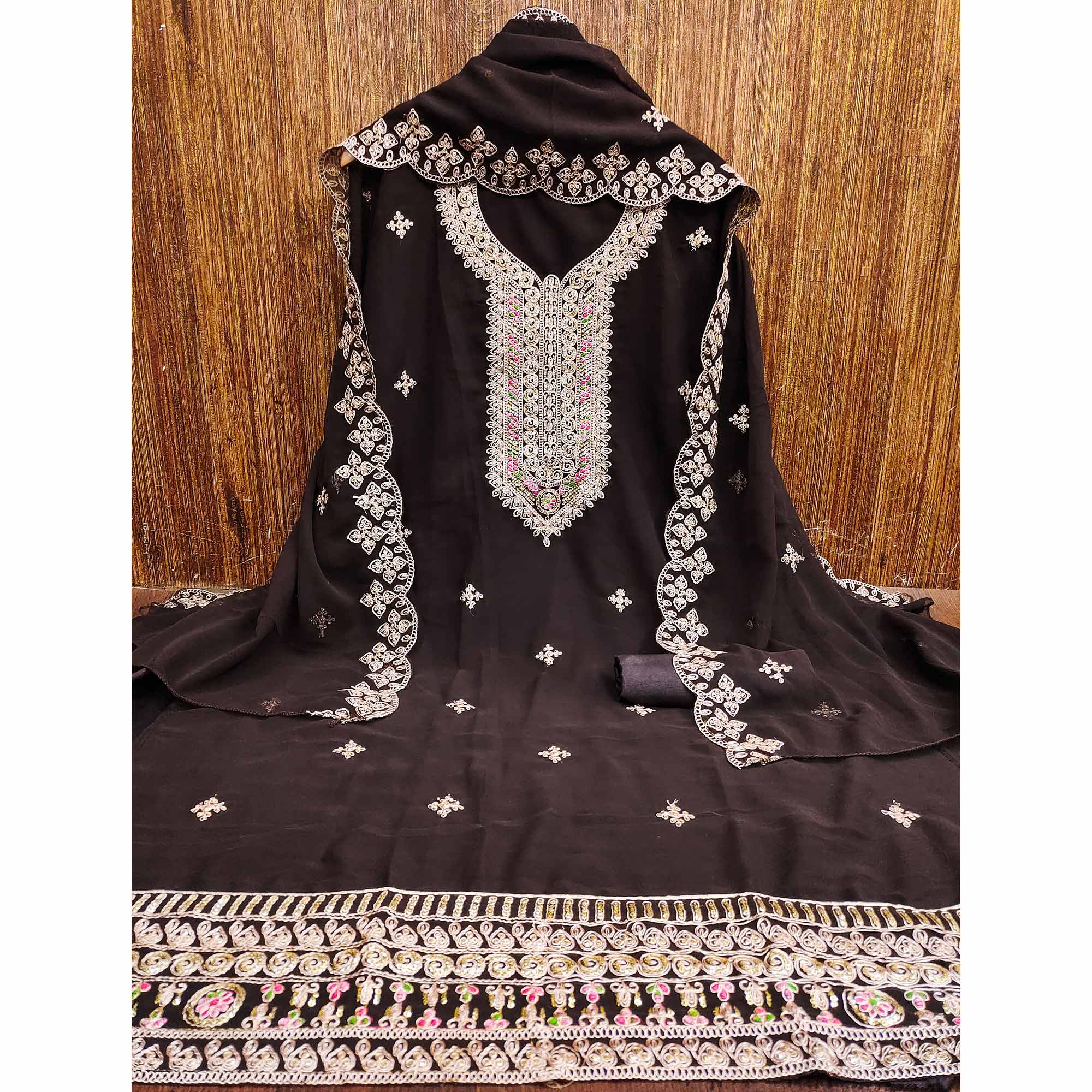 Brown Floral Embroidered Georgette Dress Material