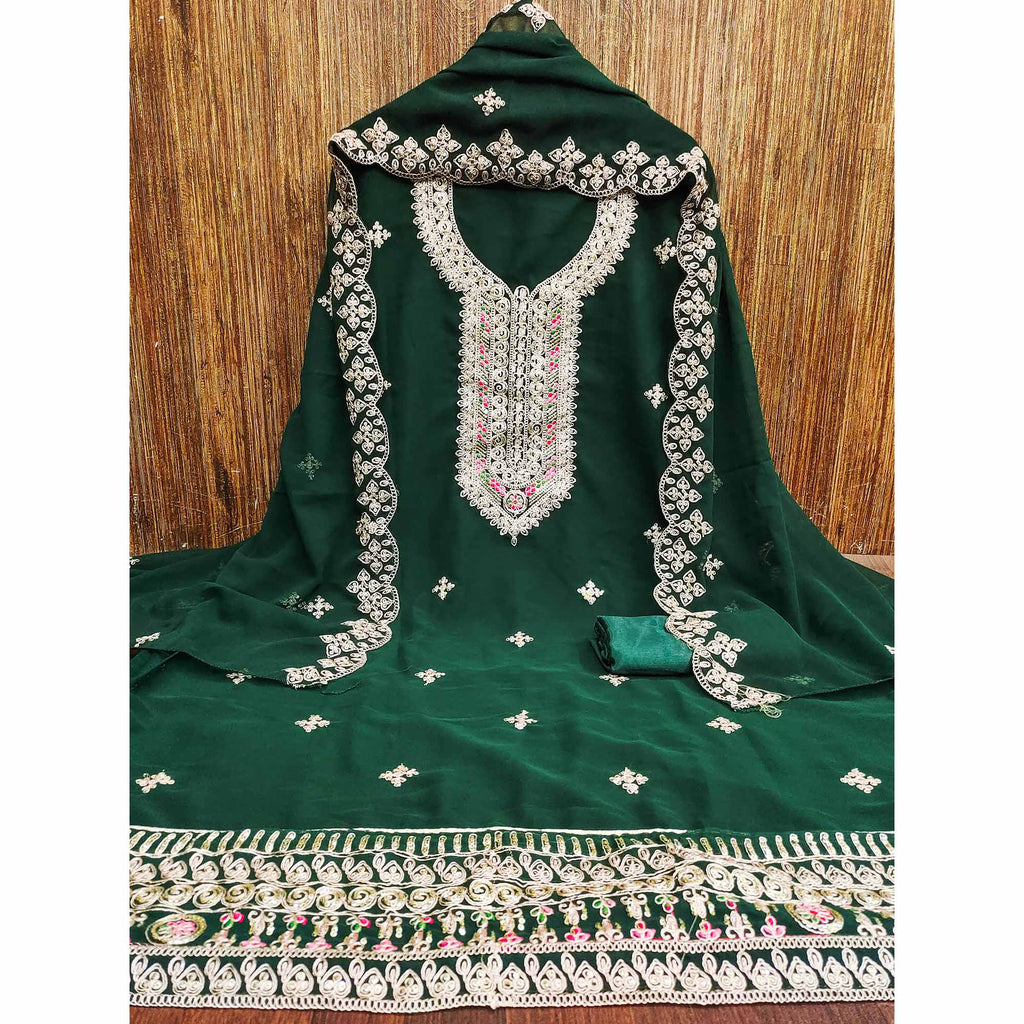 Green Floral Embroidered Georgette Dress Material