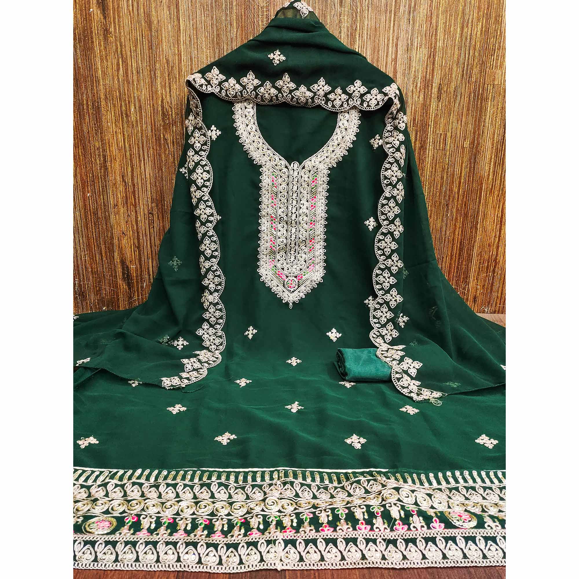 Green Floral Embroidered Georgette Dress Material