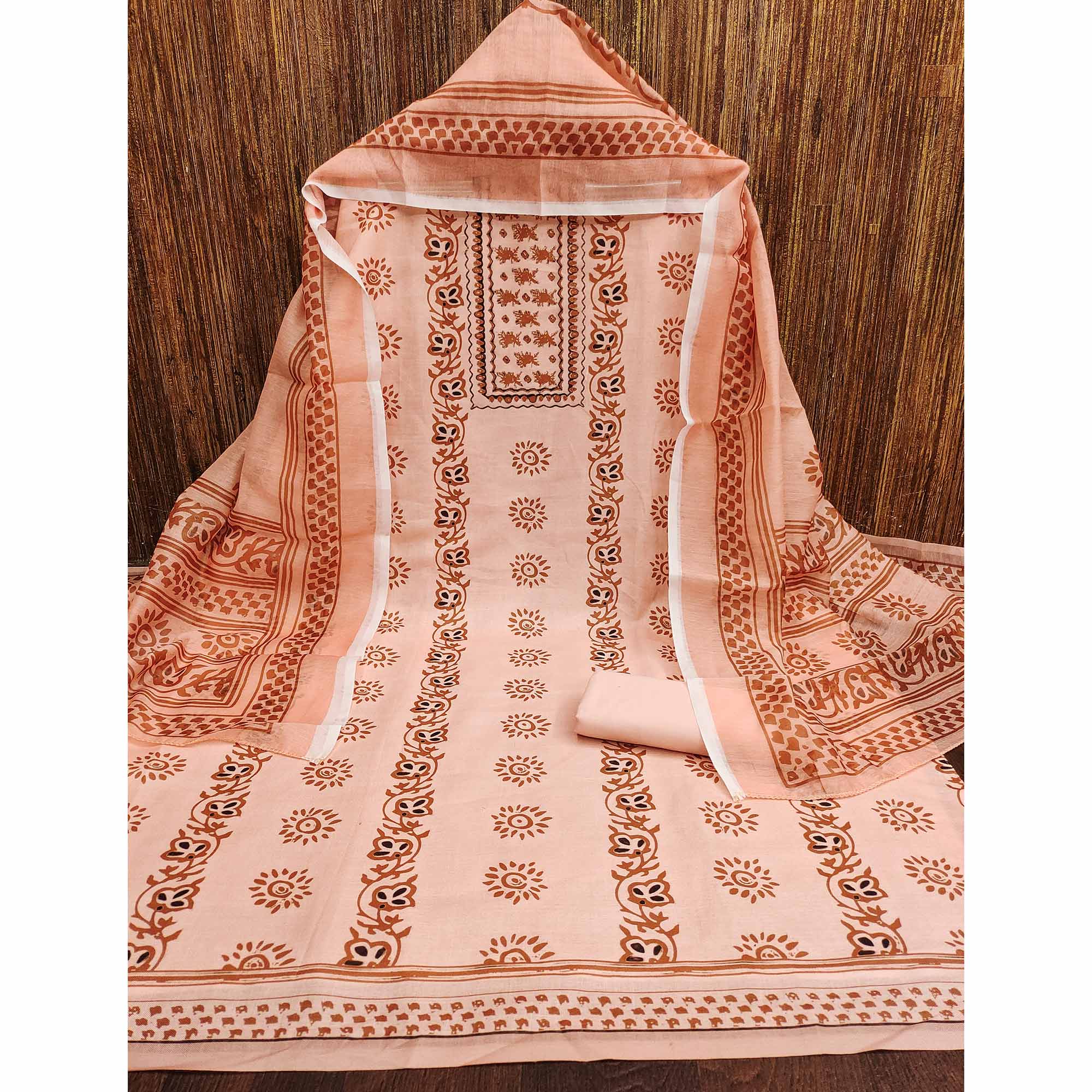 Peach Floral Printed Cotton Blend Dress Material