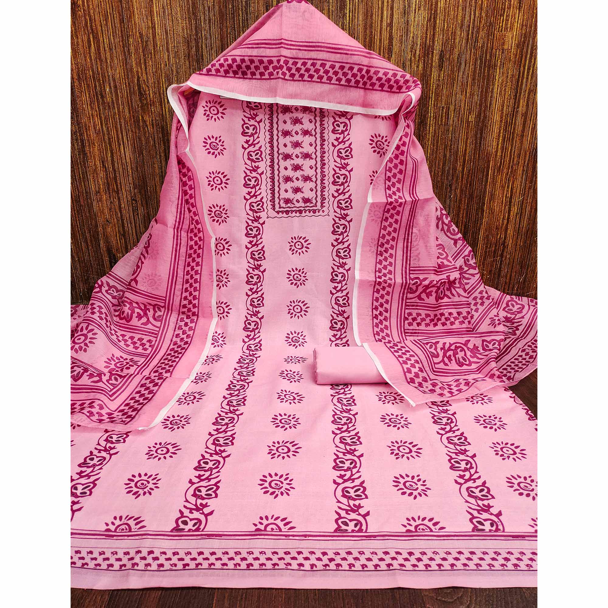 Pink Floral Printed Cotton Blend Dress Material