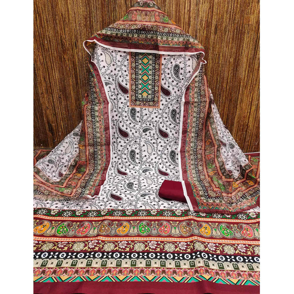 Maroon Floral Printed Cotton Blend Dress Material