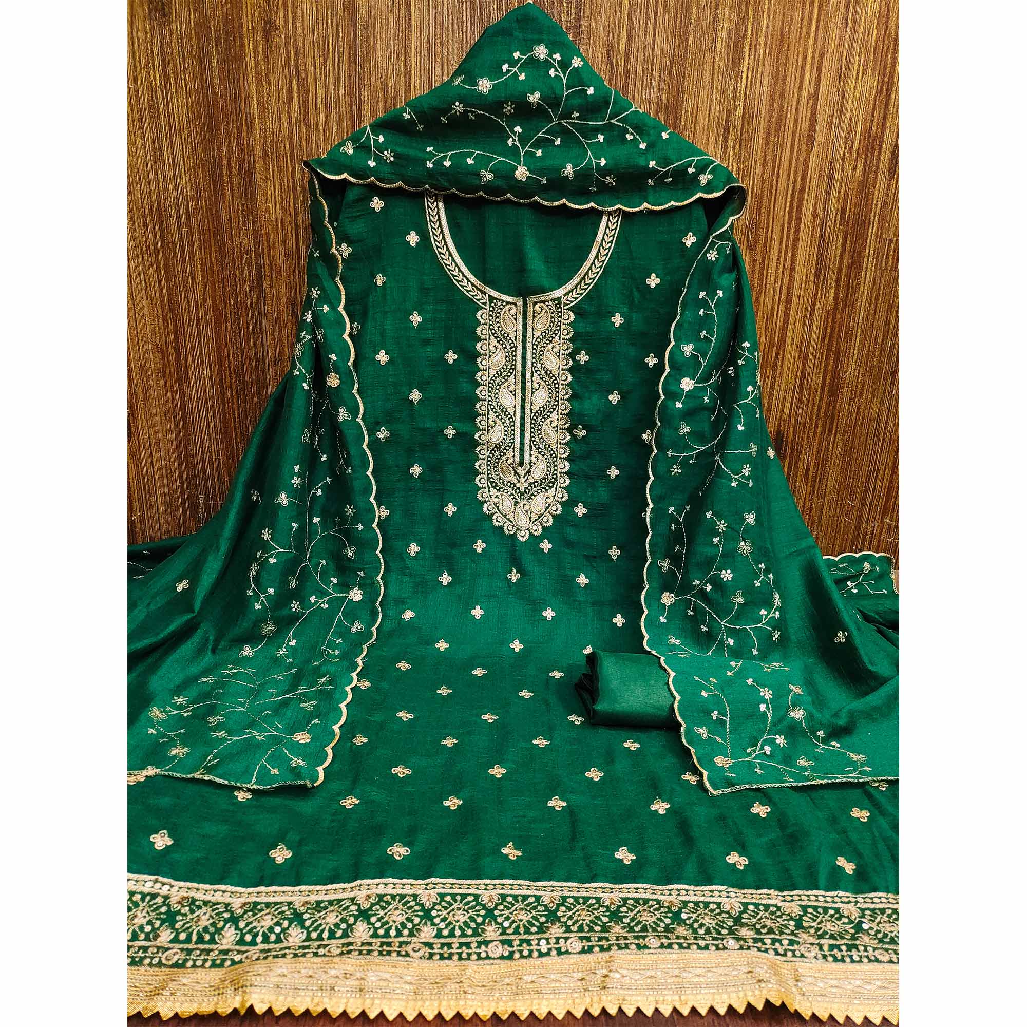 Green Floral Embroidered Vichitra Silk Dress Material