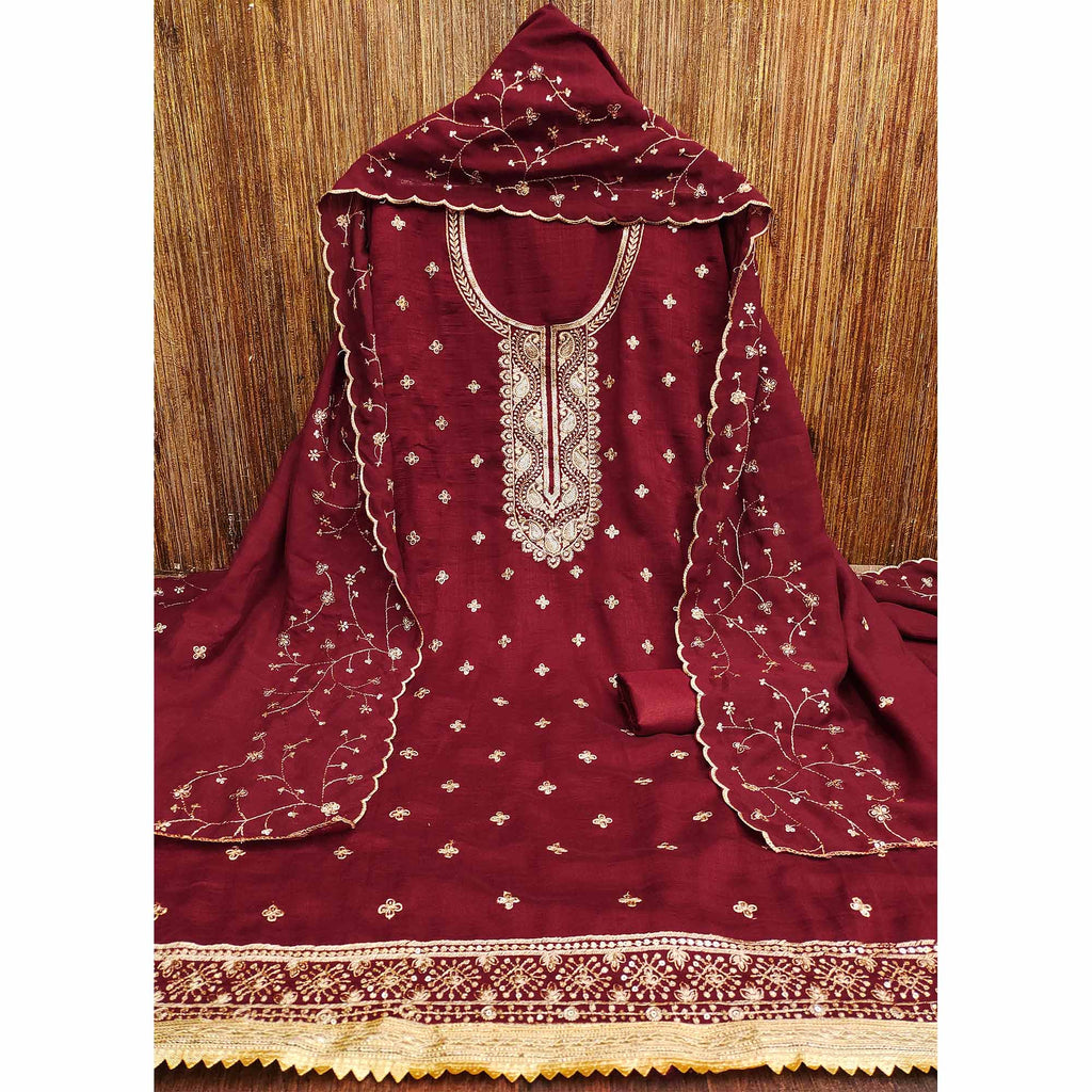 Maroon Floral Embroidered Vichitra Silk Dress Material