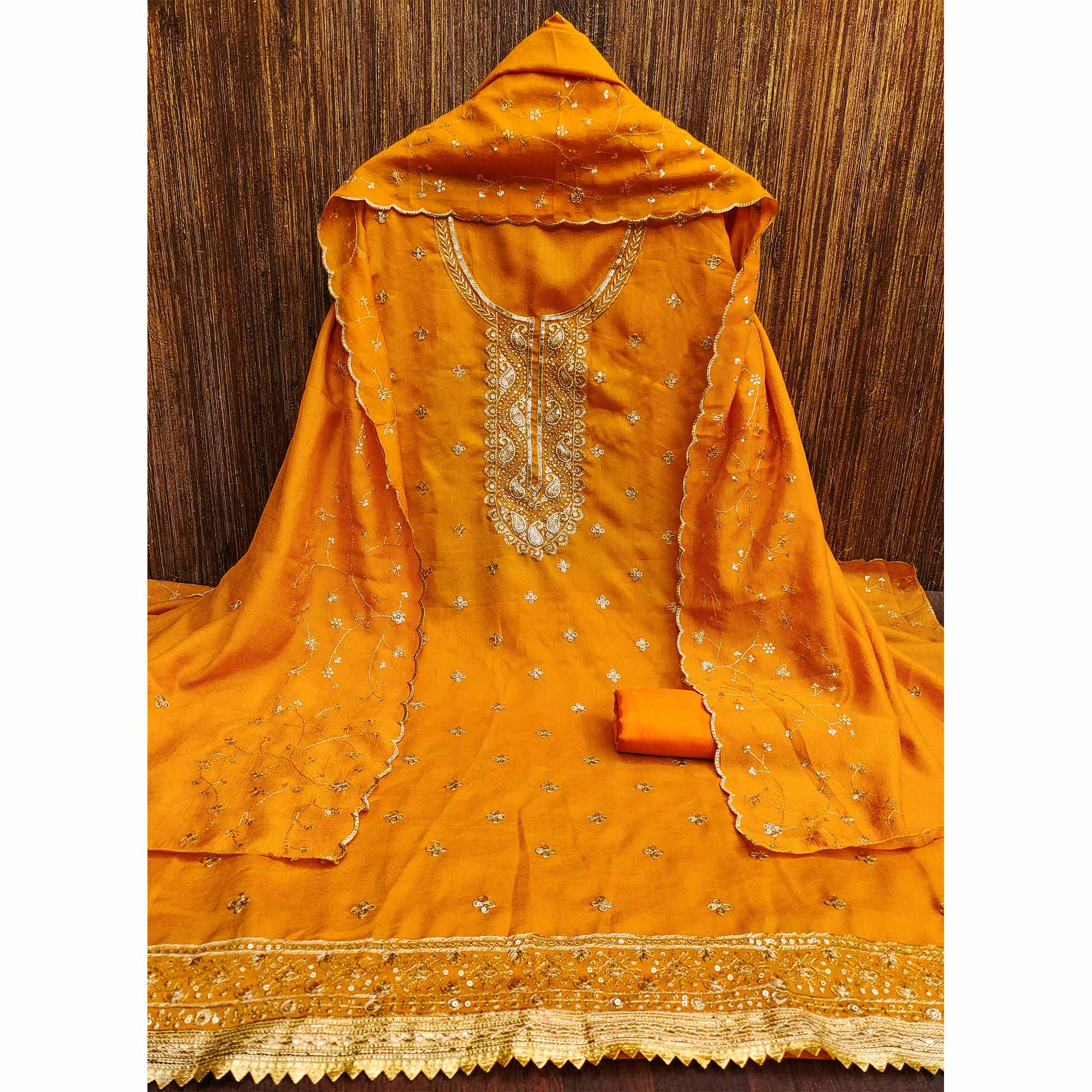 Mustard Floral Embroidered Vichitra Silk Dress Material