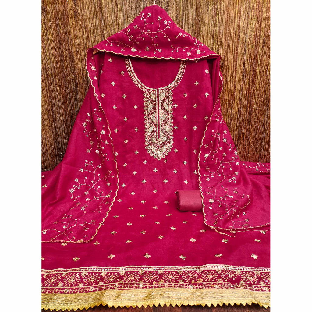 Pink Floral Embroidered Vichitra Silk Dress Material