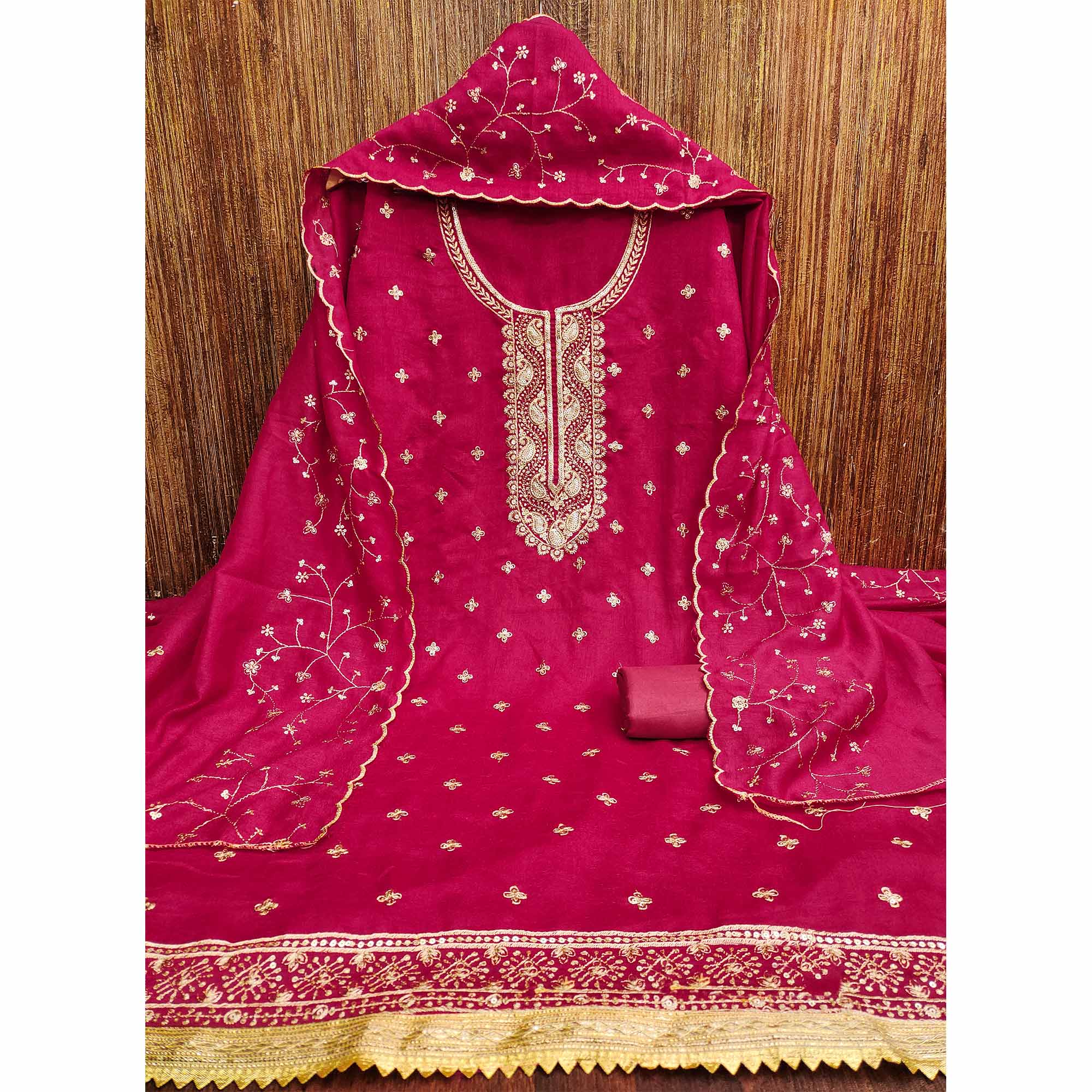 Pink Floral Embroidered Vichitra Silk Dress Material