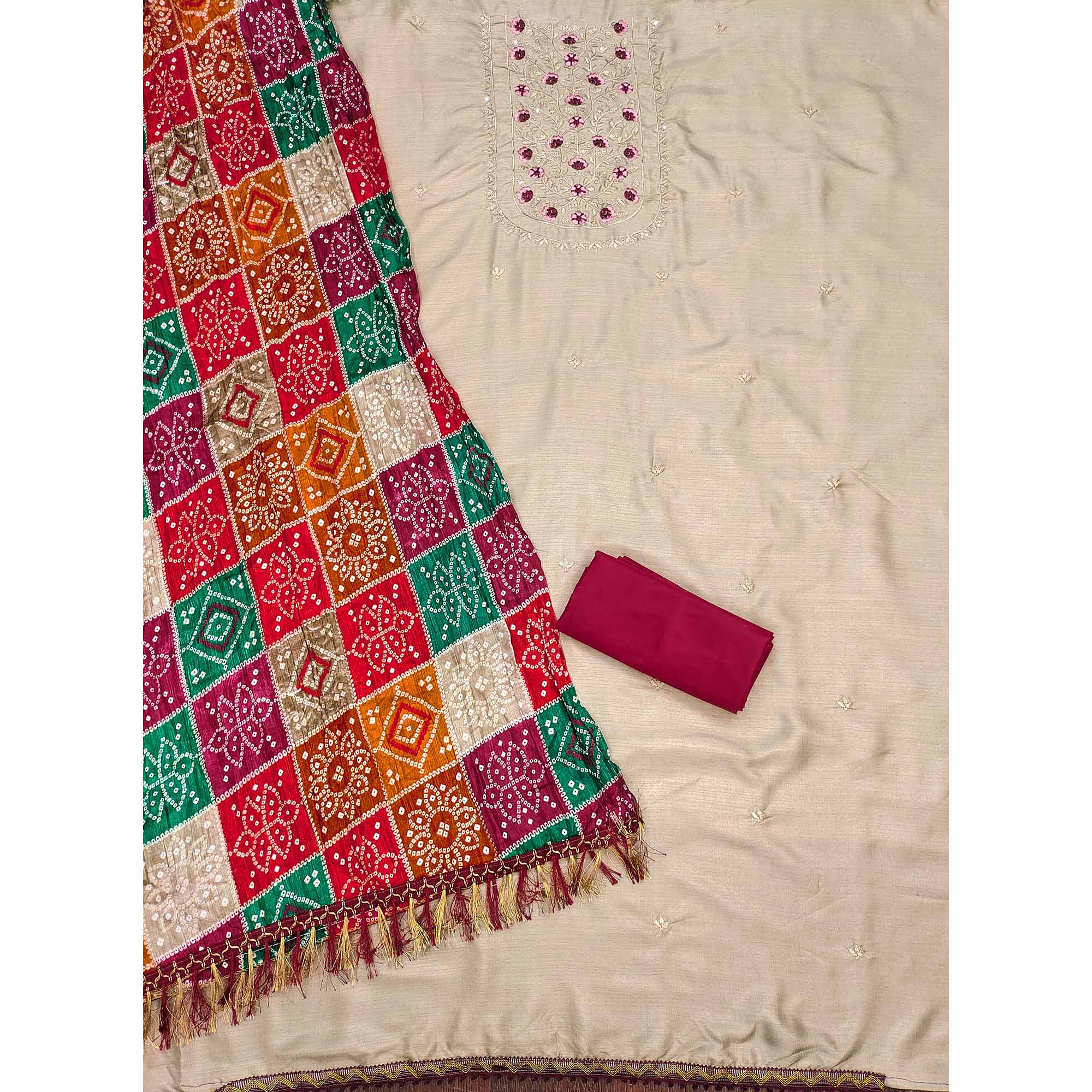 Chikoo Floral Embroidered Cotton Blend Dress Material