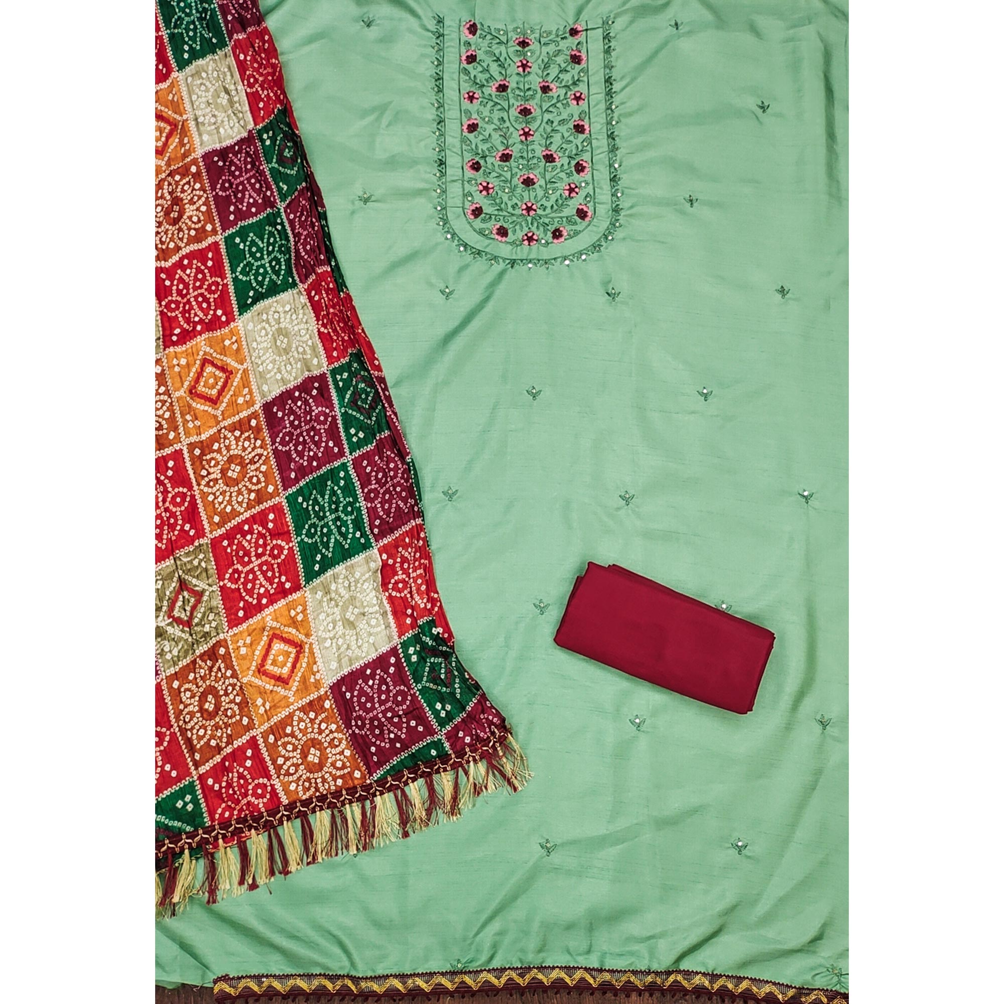 Green Floral Embroidered Cotton Blend Dress Material