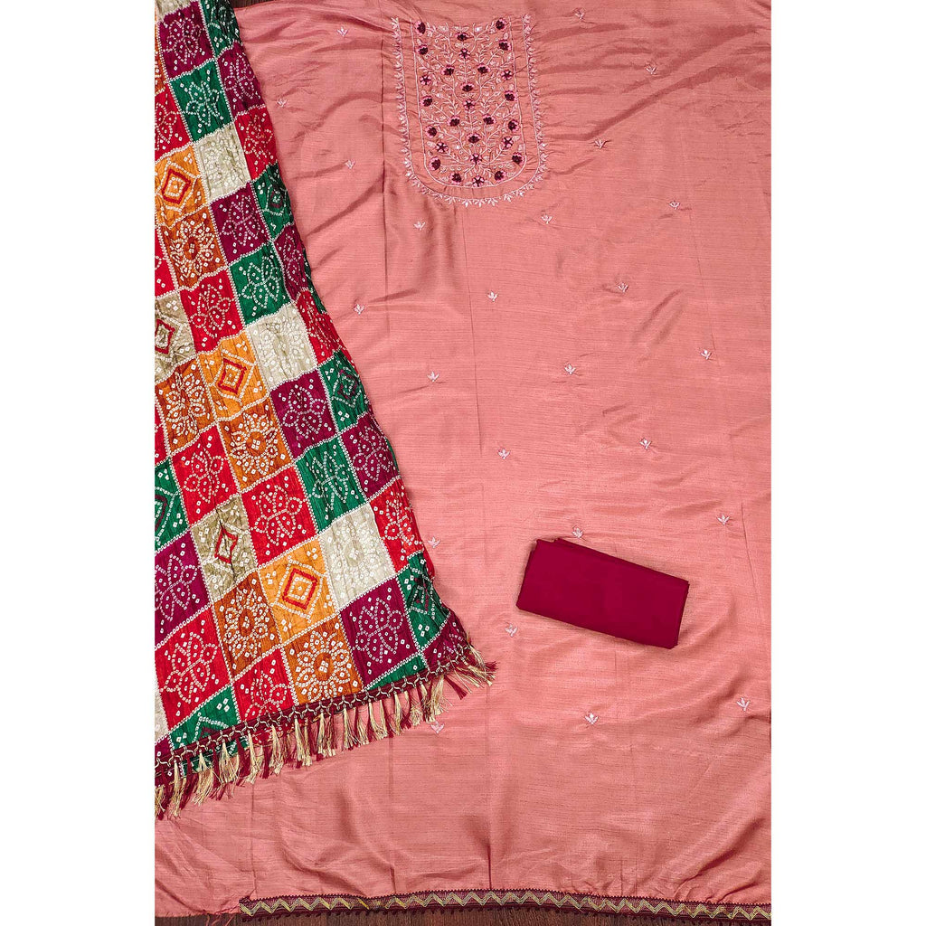 Peach Floral Embroidered Cotton Blend Dress Material