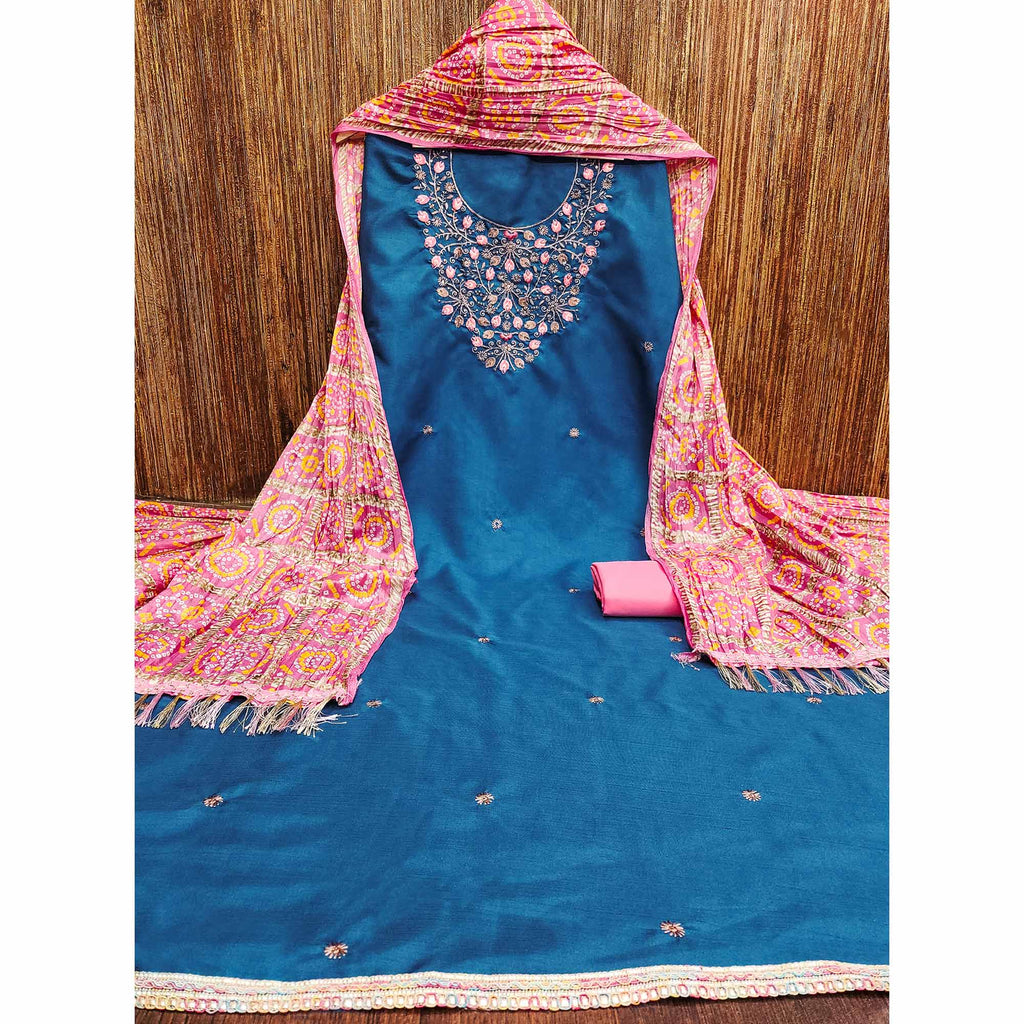 Blue Floral Sequins Embroidered Cotton Blend Dress Material