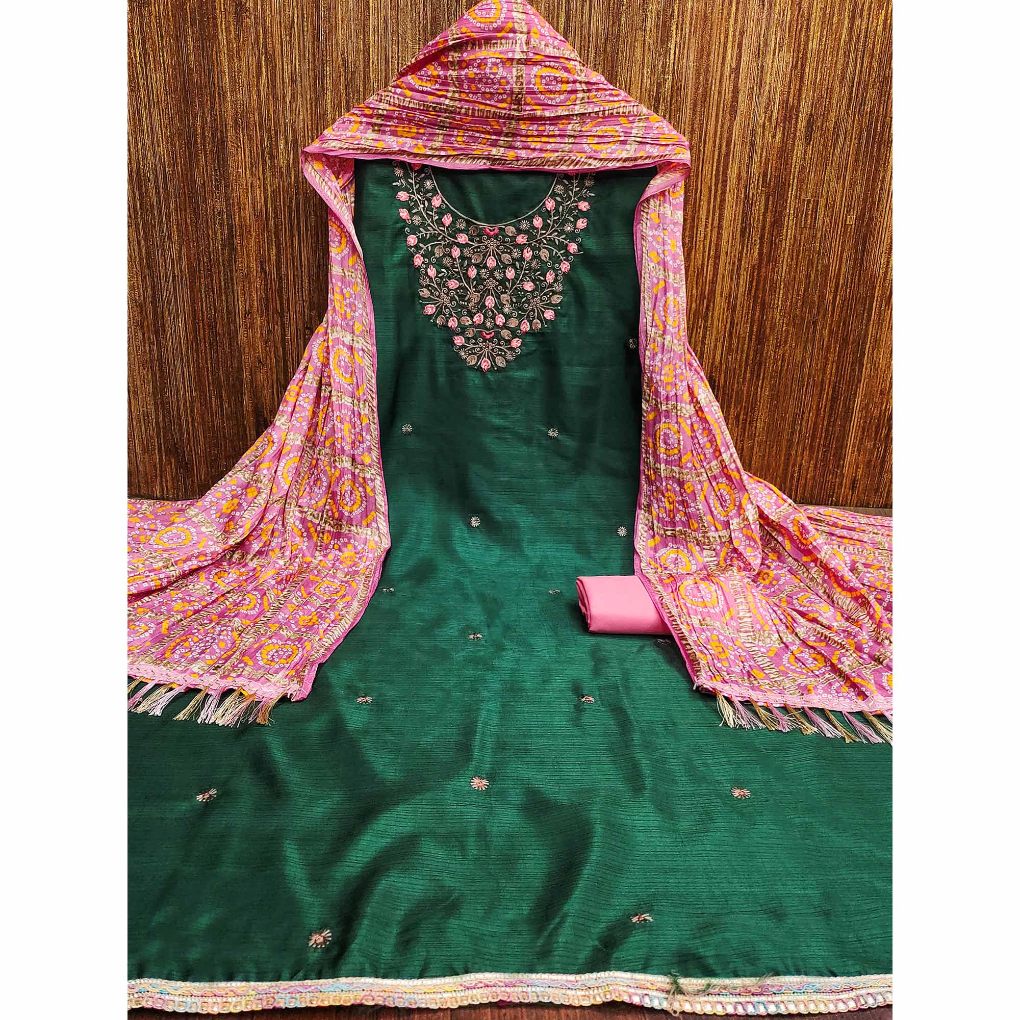 Green Floral Sequins Embroidered Cotton Blend Dress Material