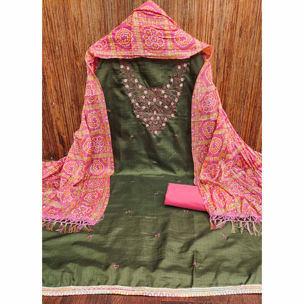Mehendi Green Floral Sequins Embroidered Cotton Blend Dress Material