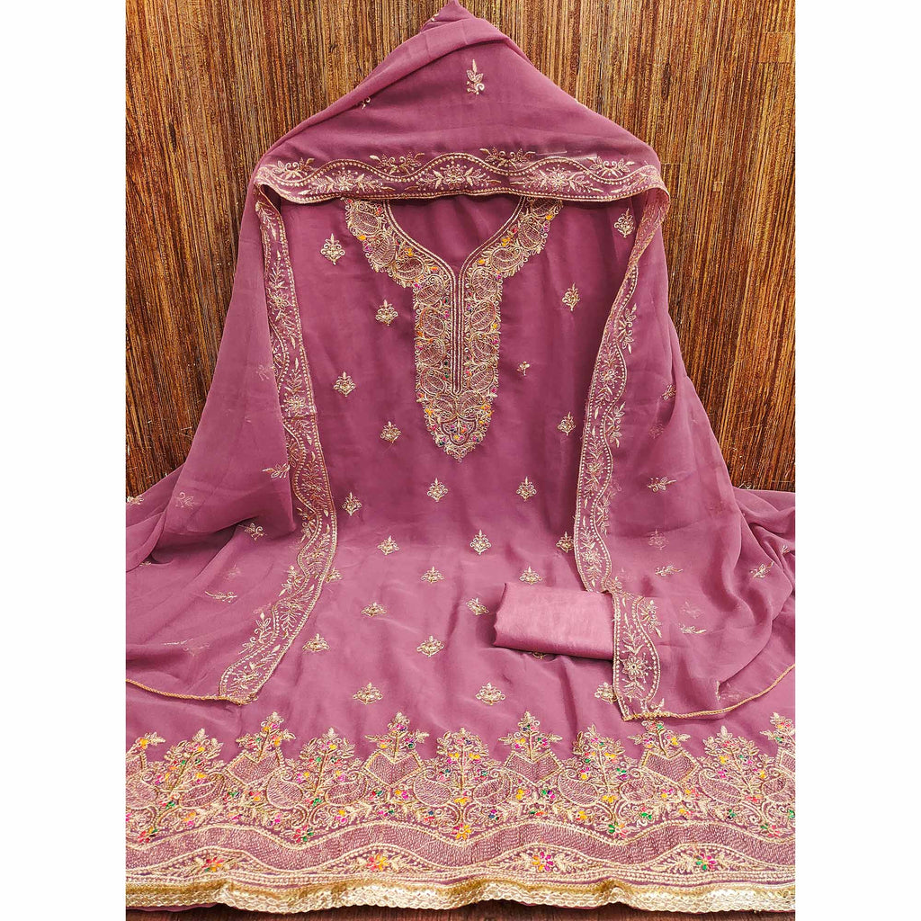 Pink Floral Embroidered Georgette Dress Material