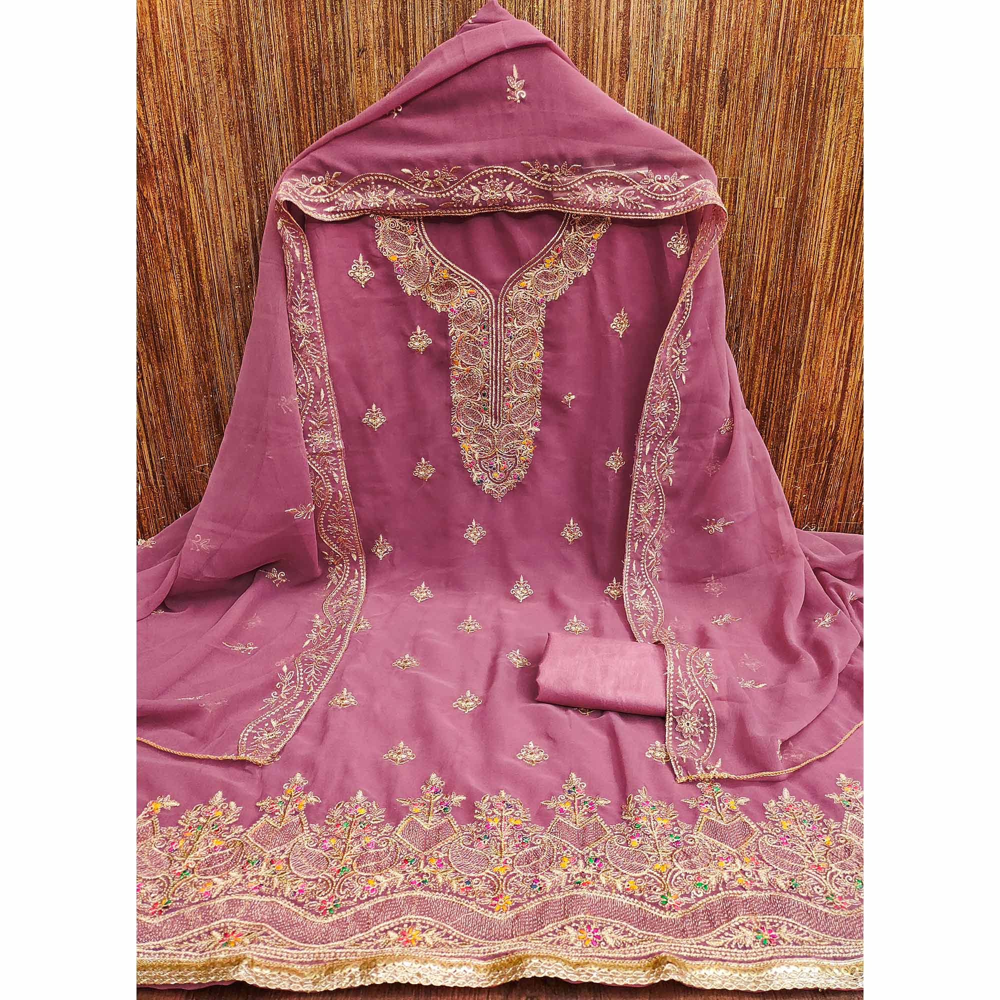 Pink Floral Embroidered Georgette Dress Material