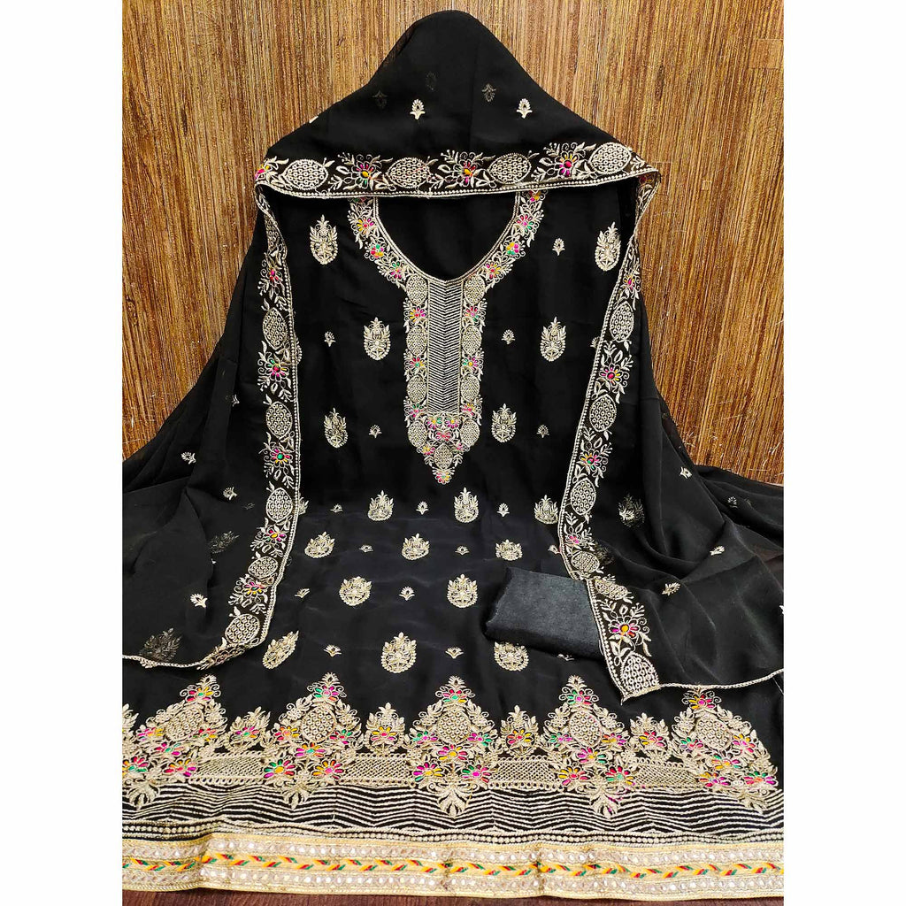 Black Floral Embroidered Georgette Dress Material
