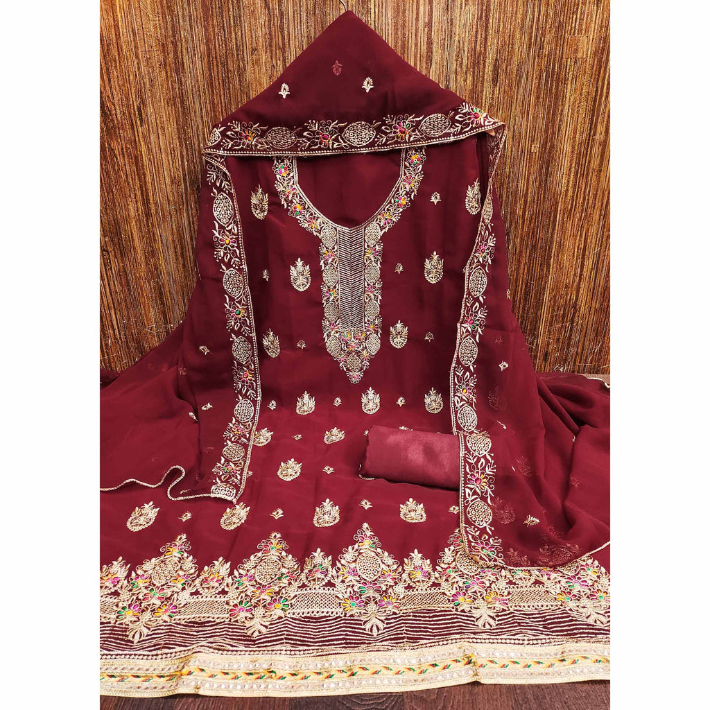 Maroon Floral Embroidered Georgette Dress Material